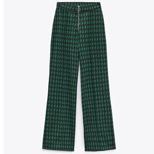 Zara Green Patterned Flared Jacquard Pants Size Medium